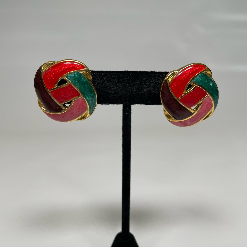 Vintage Goldtone Multicolor Pink Red Teal Maroon Intertwined statement Earrings - Picture 1 of 6